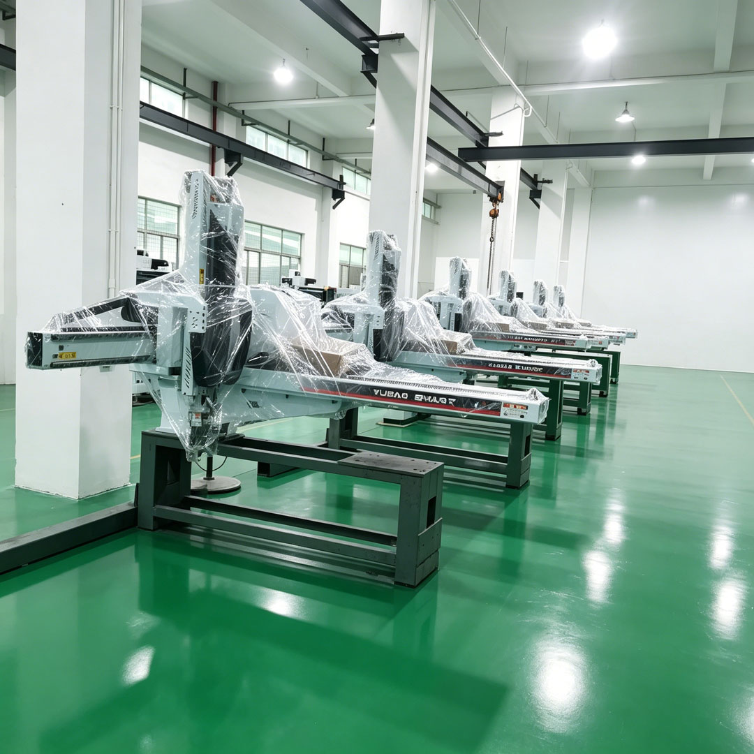Packaged Yubao injection molding robot arms placed on test racks in factory workshop