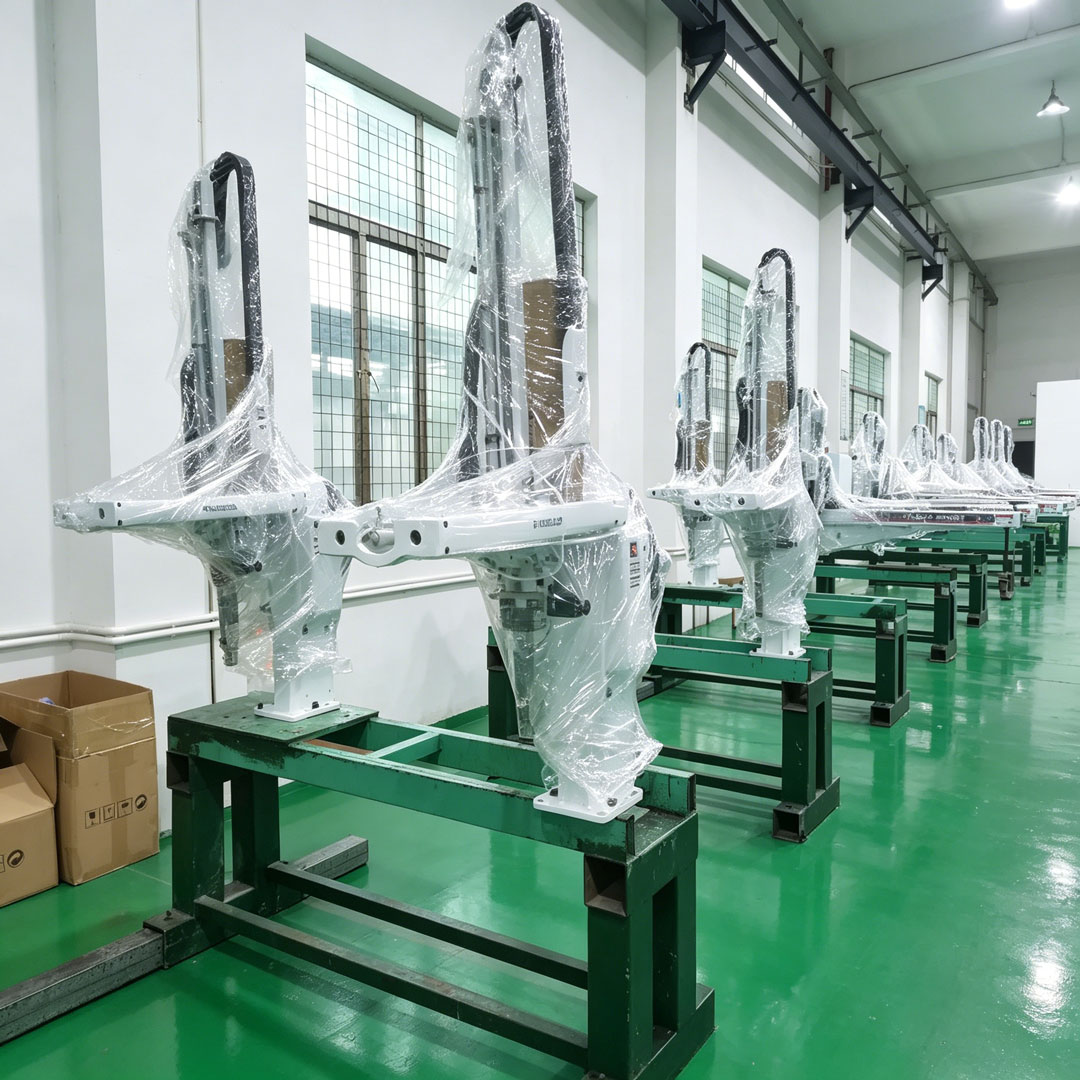 Packaged Yubao injection molding robot arms placed on test racks in factory workshop case