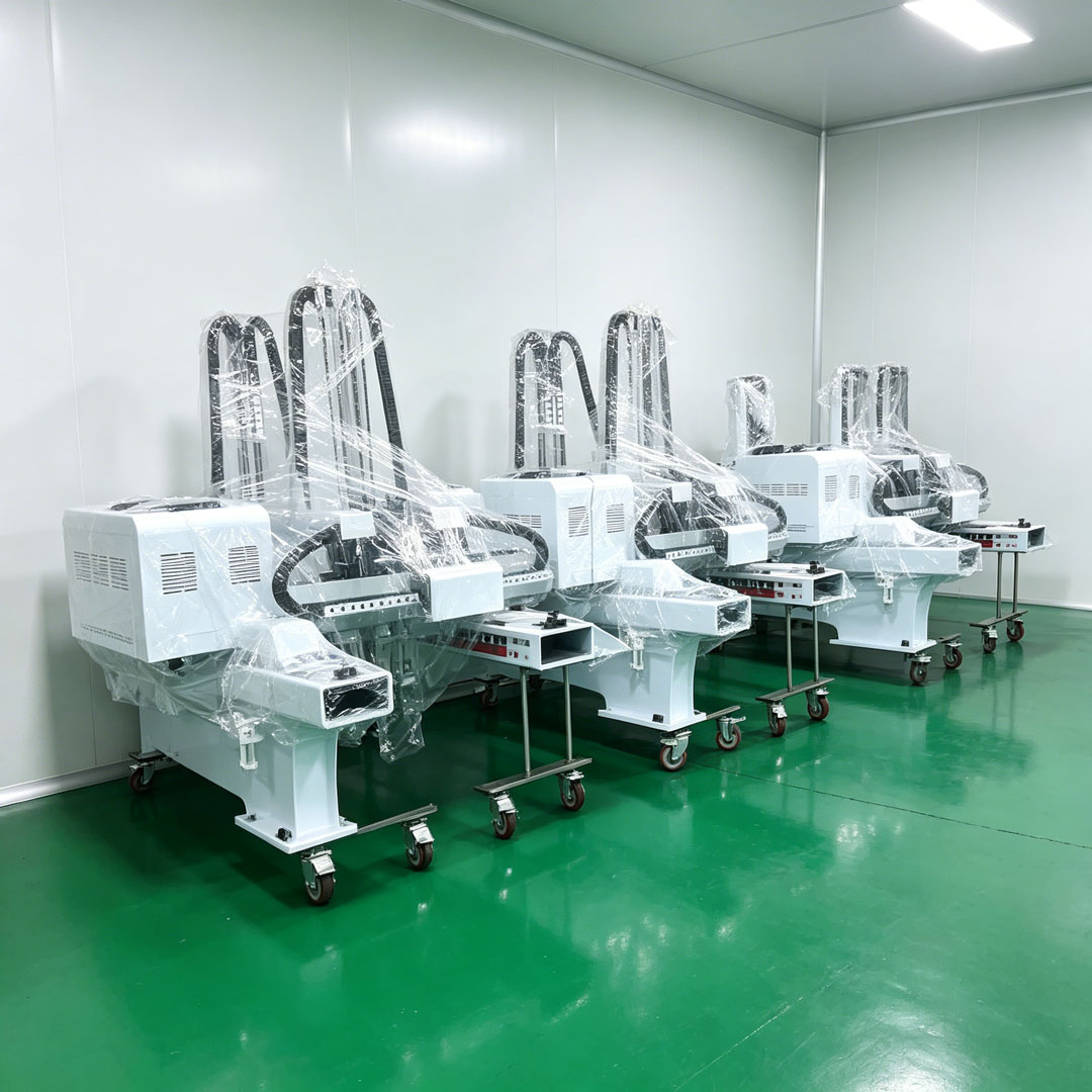 Plenty of finished Yubao injection molding robots stored in warehouse waiting for packing and worldwide shipment case
