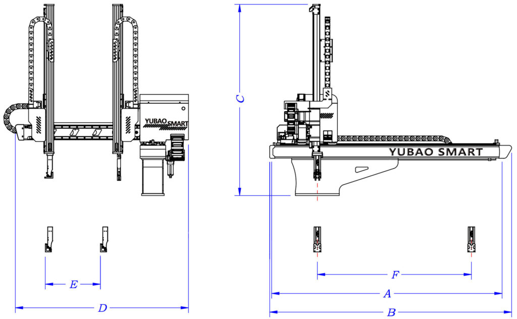 Yubao baota&beike series injection molding robot technical dimension CAD drawing with front and side views