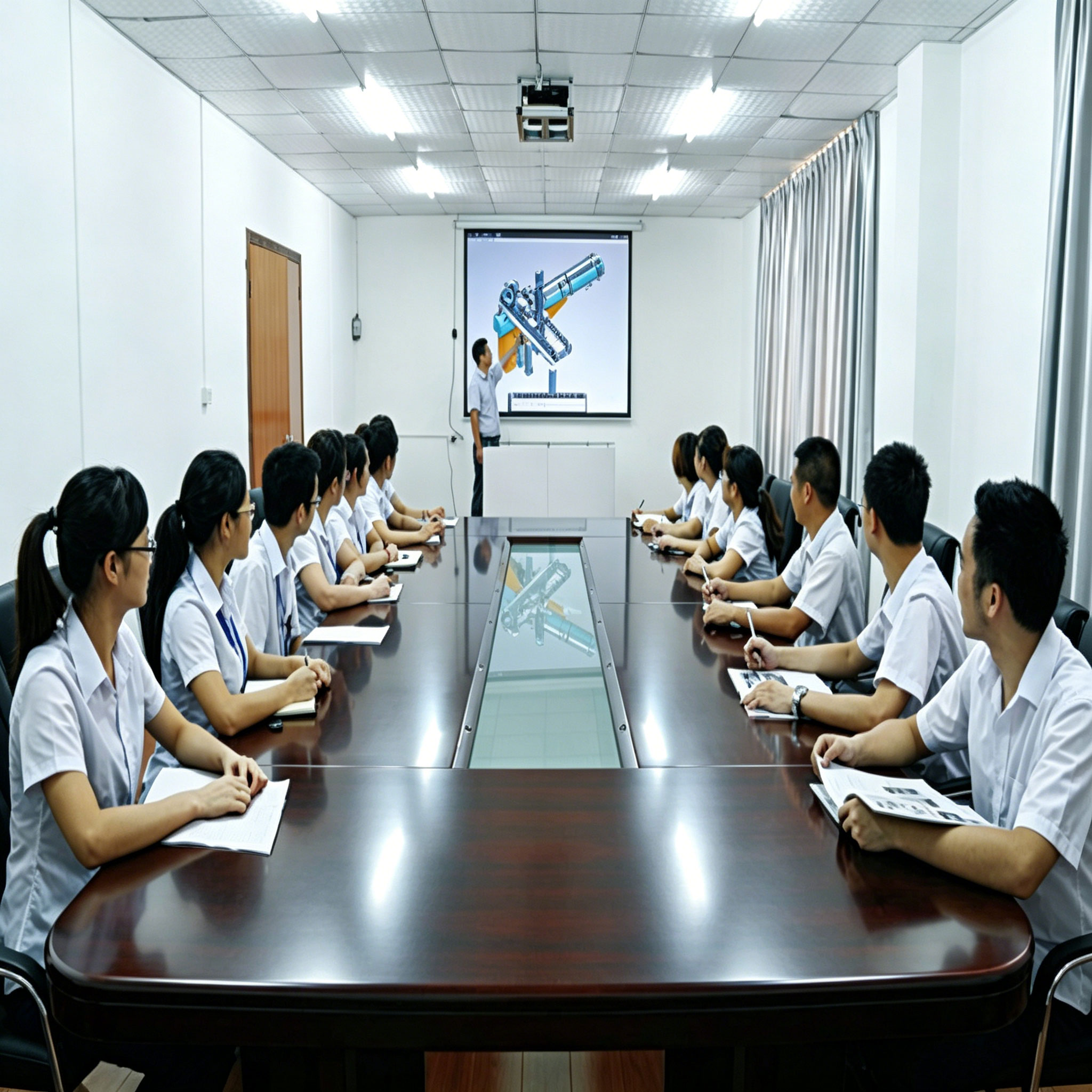 Yubao technical seminar meeting on injection molding robots with multiple team members